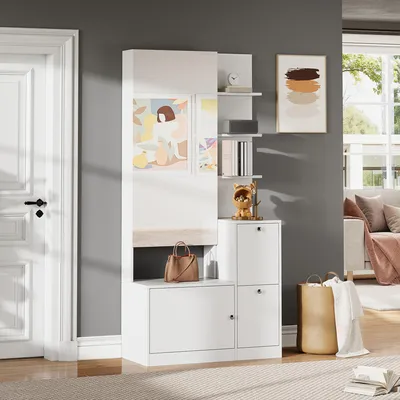 Produktbild von STILVORA Hochschrank mit Spiegel und Schuhschrank, Flurschrank mit 2 Türen und 5 Ablageflächen, Vitrine als Aufbewahrungsschrank Weiß