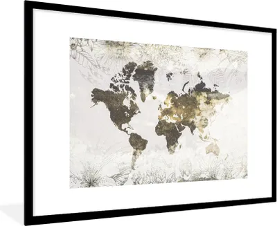 Produktbild von MuchoWow® MuchoWow® Gerahmtes Poster Weltkarte - Blumen - Gold 90x60 cm - Poster mit zchwarzem Bilderrahmen - Wanddekoration - Fotos