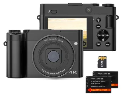 Zdjęcie produktu dla aparat cyfrowy 4K, cyfrowa kamera wideo, 64 MP, podwójny obiektyw, ekran IPS 2,8 cala, autofokus, 16-krotny zoom cyfrowy, 20 efektów filtrów, wbudowana lampa błyskowa, z kartą TF 32 GB, 2 baterie, prezent urodzinowy i festiwalowy dla uczniów i nastolatków