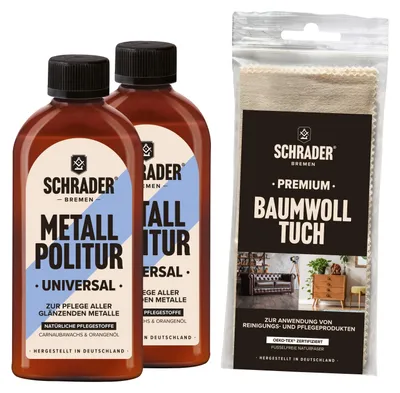 Produktbild von SCHRADER Metall Politur + Baumwolltuch - dreiteiliges Set zum Polieren von unlackierten und glänzenden Metallen - 2x250ml