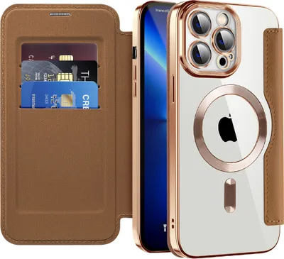 Immagine prodotto di Custodia per iPhone 13 Pro Max compatibile con MagSafe, custodia trasparente con portacarte, custodia in pelle con protezione per fotocamera Marrone