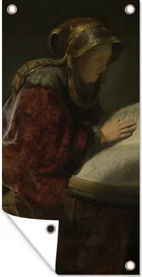 Produktbild von MuchoWow® 80x160 cm Outdoor-Poster Gartendeko Sichtschutz Garten Poster für den Garten  Alte Frau beim Lesen, wahrscheinlich die Prophetin Hanna - Gemälde von Rembrandt van Rijn