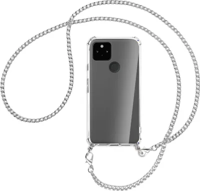 Produktbild von Handykette Backcover-Schutzhülle mit Band (Metall silberfarben) für Google Pixel 5a 5G  - silberfarbene Kette