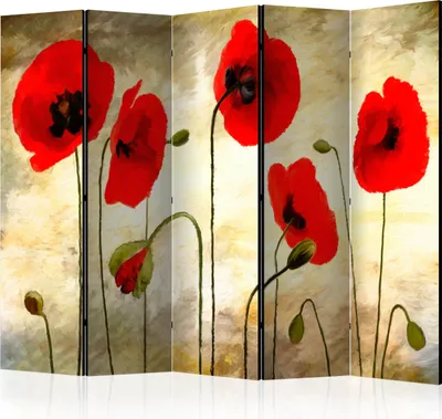 Produktbild von 5-teiliger Einseitiger Vlies Paravent - Golden Field of Poppies II 225x172 cm Blumen b-A-0336-z-c