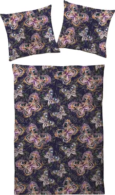 Produktbild von Traumschloss Satin Bettwäsche Garnitur - Schmetterlinge 155 x 220 cm bunte Schmetterlinge auf dunklem Hintergrund