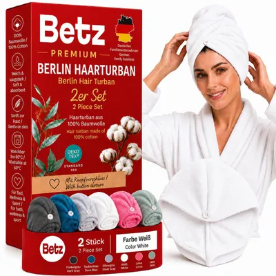 Produktbild von Betz Frottee Turban Berlin – 2er Set Haarturban aus 100% Baumwolle – Turban Handtuch mit Knopfverschluss – ideal für Bad & Wellness Farbe weiß