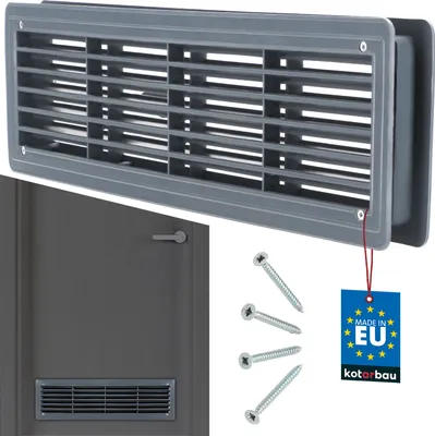 A ventilation grille and its accessories are shown against a white background, with a partial view of a door with a vent.
