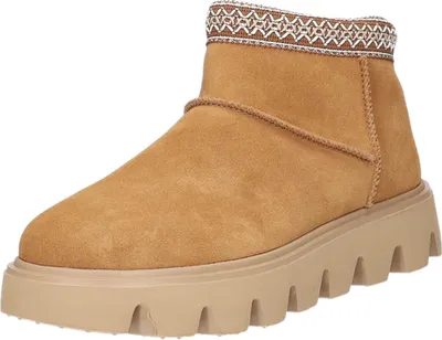 A single brown boot with a thick sole and decorative trim at the top, shown against a white background.