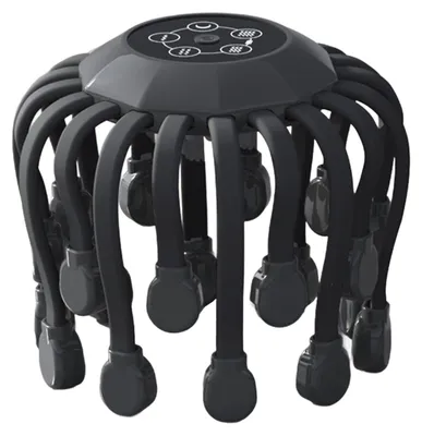 A dark gray octopus-like head massager is displayed against a white background.