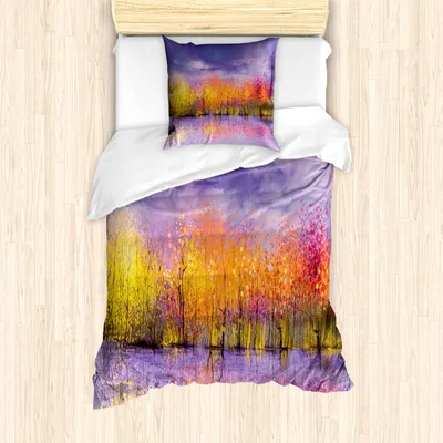 Produktbild von ABAKUHAUS Herbst Mantele, Herbstsaison Bäume Fluss, Milbensicher Allergiker geeignet mit Kissenbezügen, 135 cm x 200 cm - 80 x 80 cm, Lavendel-Gelb