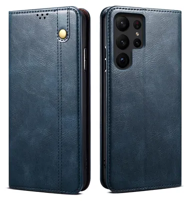 A blue leather flip wallet case for a Samsung Galaxy S24 Ultra is shown from two angles.