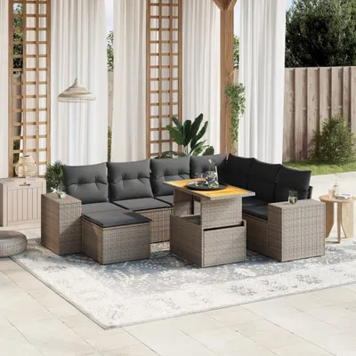 Produktbild von Design 8-tlg. Garten-Sofagarnitur mit Kissen Grau Poly Rattan, Gartenmöbel-Sets 2024 Neu