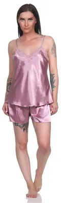 Produktbild von Damen Satin Nachtwäsche Pyjama Set Shorty mit Spitze; Heide/M