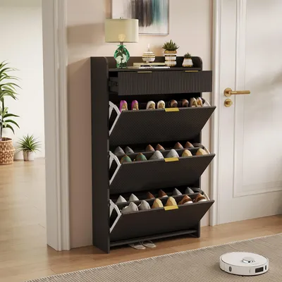 Produktbild von UnboxG Schwarzer Schuhschrank 3 Ebenen mit Ablagefläche, 77,1×24,2×133,5 cm, praktische Schuhaufbewahrung, modernes Design, platzsparend und stabil