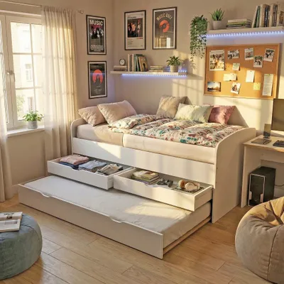 Produktbild von Schlafsofa 90 x 190 cm + 2 Schubladen + Bettkasten FLORA / Weiß