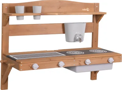 Produktbild von roba Matschküche für Kinder zum Aufhängen - Funktionelle Outdoor Spielküche mit Wasserspender & Zubehör - es Holz - Teakholzfarben lasiert