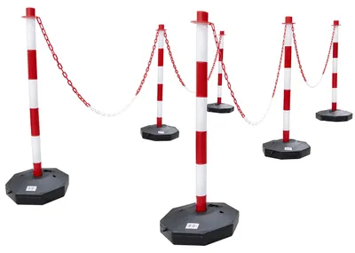 6 Absperrpfosten + 9 m PVC-Kette weiß/rot, Signalpfosten