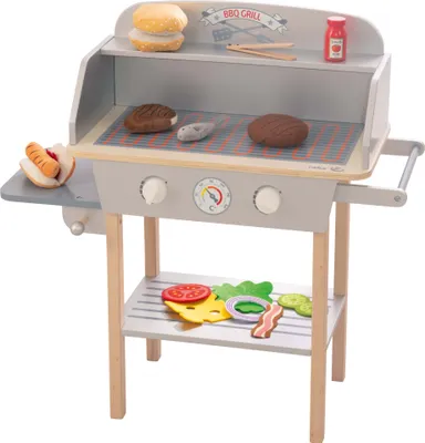 Produktbild von roba BBQ Grill aus Holz, mit 14-teiligem Stoffzubehör, Spielzeug Barbecue Grill, ab 3 Jahren