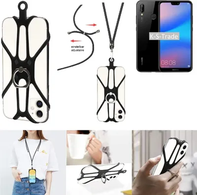 Produktbild von K-S-Trade 3in1 Handykette Handyband Handykordel Halsband Smartphone-Ring Handy-Ring kompatibel mit Huawei P20 Lite Fingerhalterung Handyring