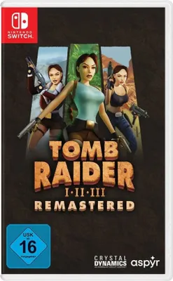 The cover art for the Tomb Raider 1-3 Remastered video game for Nintendo Switch.