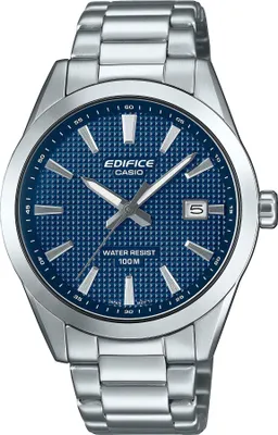 A close-up studio shot of a men's analog watch with a blue textured dial and a silver metal band.