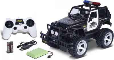 Zdjęcie produktu dla Carson 1:12 Jeep Wrangler Police 2.4G - Jeep policyjny z niebieskim światłem, syreną, sztywną osią, gumowymi oponami, przednim zderzakiem i światłami