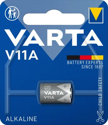A Varta V11A alkaline battery packaged in a blue blister pack.