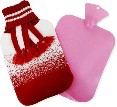 Productafbeelding van 2L lekvrij met afneembare zachte gebreide hoes voor pijnverlichting warme en koude therapie, handen voeten buik en nekwarmer, wit-rood