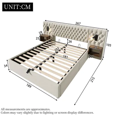 Immagine prodotto di Letto imbottito 180 x 200 cm con 2 comodini, vano contenitore con apertura idraulica, luce di lettura, USB, Type-C, velluto, beige