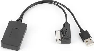A black adapter cable with a USB connector and an AMI/MMI connector is shown on a white background.