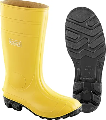 A yellow safety boot and its sole are shown against a white background.