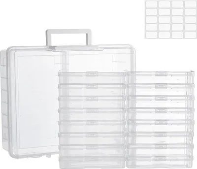 Image de Boîte à photos transparente avec 16 compartiments, grande (17 x 12 cm), pour cartes postales, jouets, matériel de bricolage, autocollants