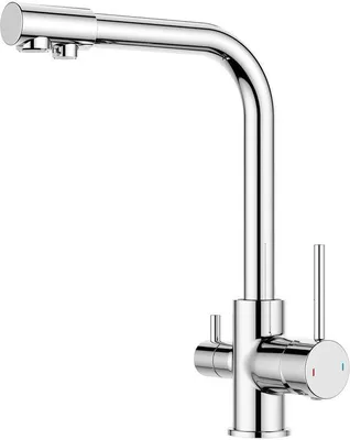Image de Robinet de cuisine à 3 voies en chrome poli, pivotant à 360°, avec bras d'évier à deux jets et bec verseur d'eau potable