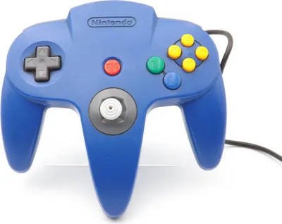 A blue Nintendo 64 controller is shown against a white background.