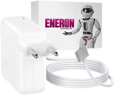 A white Macbook Pro charger and cable are shown next to a box with the brand logo and a robot mascot.