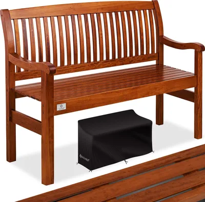 A wooden garden bench with a black cover underneath it, set against a white background.