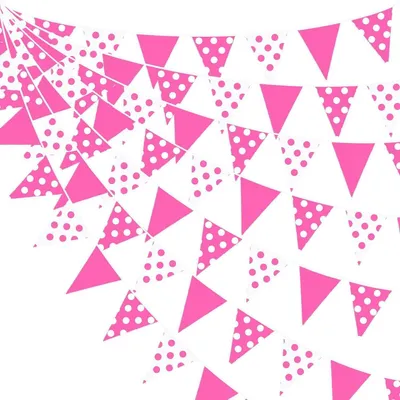 Image de Guirlande de fanions en tissu, rose et blanc, 10 mètres, 36 fanions, motif à pois, en coton