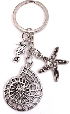Produktbild von Onwomania Schlüsselanhänger Schnecke Seestern Seepferd Strand Silber Metall Anhänger Charm