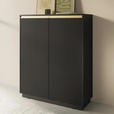 Produktbild von Highboard Loren Schwarz mit Rillenfronten – 104 cm Breit, 2 Türen, Goldene Griffe, Modernes Design