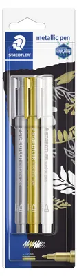 Produktbild von STAEDTLER 8323 Metallic Stift Blisterkarte mit 3 Farben (gold, silber, weiß)