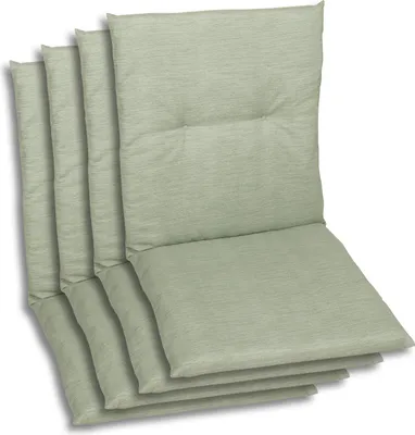 A stack of four light green chair cushions.