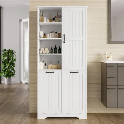 Produktbild von STILVORA 78x35x172cm Badkommode weiß mit verstellbare Regale, Hochschrank  Badezimmerschrank mit 2 wäschekorb,weiß