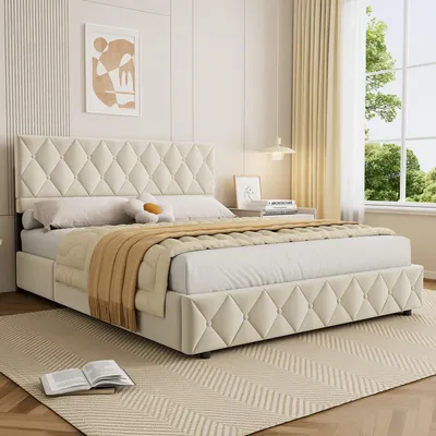 Produktbild von okwish Jugendbett 160×200 mit Bettkasten und Kopfteil in Knopfnahtverzierung, Polsterbett mit Lattenrost, Einzelbett Beige, ohne Matratze