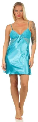 Produktbild von Damen Negligé Satin Nachtkleid Reizwäsche mit Spitze; Türkis/L