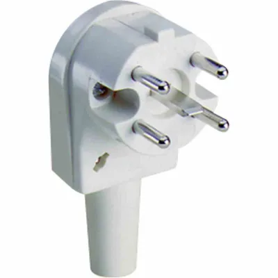 A white angled plug with silver pins against a white background.