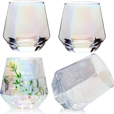 Produktbild von Weingläser-Set mit 4 Stück, schillernde Weingläser ohne Stiel für Rot- und Weißwein, geometrische, rautenförmige Glasbecher mit 284 ml Fassungsvermögen für Whisky, Cocktails, Bourbon, Saft, Wasser