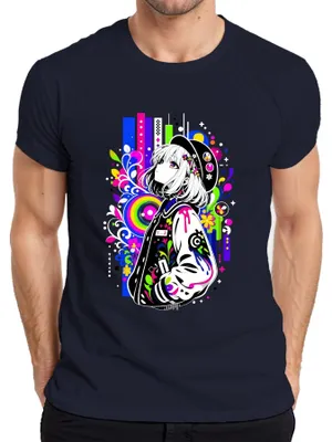 Productafbeelding van Anime meisje, neon, pop art, manga, otaku, Japan, Y2K, Japans, heren T-shirt, marineblauw, maat L