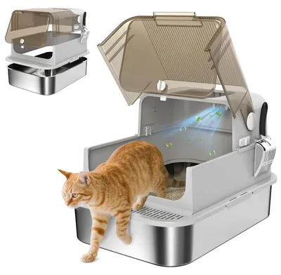 Image de Bac à litière PawHut en acier inoxydable avec couvercle XXL, avec pelle à litière, gris