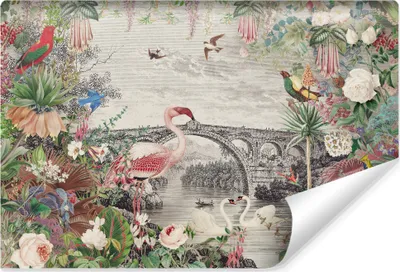 Produktbild von Muralo Vlies Fototapete VÖGEL Blumen Blätter Brücke Abstraktion Vintage Br. 180cm x Hö. 120cm