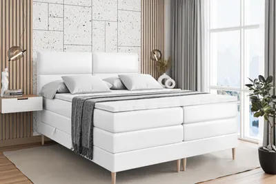 Produktbild von ALTDECOR Boxspringbett mit Holz Füßen, Matratze und Lattenrost, Topper, Polsterbett mit Bettkasten, Bett mit Stauraum H3- und H4- Matratze, Doppelbett -BOXI3-FD KING-140x200 - Weiß Kunstleder